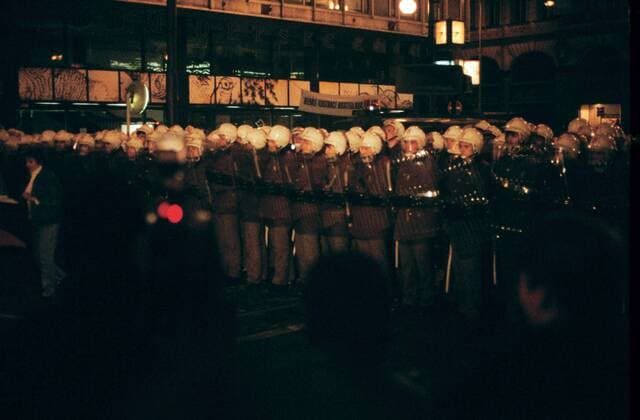 Prague, Czechoslovakia, November 17, 1989. Student demonstration which marked the begining of Velvet Revolution is met by heavily armed police unit. The students were dispersed by batton wielding police. Many demonstrators were crudely beaten. This night started the chain of events that eventually led to the end of Communist regime. Playwrite, dissident Vaclav Havel was subsequently elected president of Czechoslovkia. 