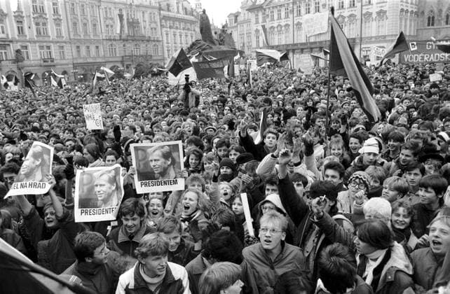 Velvet Revolution, Prague 1989. At the 50th anniversary of closing of universities by German occupational forces and subsequent death of Jan Opletal, about 15 000 students commemorate this event. Soon after the demonstrating students were met by herds of police officers who brutally beat many of them. This chain of events contributed to the defeat of the Czechoslovak Communist Party and led to Vaclav Havel´s innaguration. Havel was the first democratic president elected since the 1948 Communist takeover. On this photo: High School students and their teachers protest at Old Town Square on Dec. 11, 1989 in Prague, Czechoslovakia. 