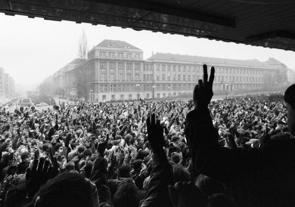 Velvet Revolution, Prague November 21, 1989. Architecture and structural ingeneering students support the abolishment of Communist gevernment. 