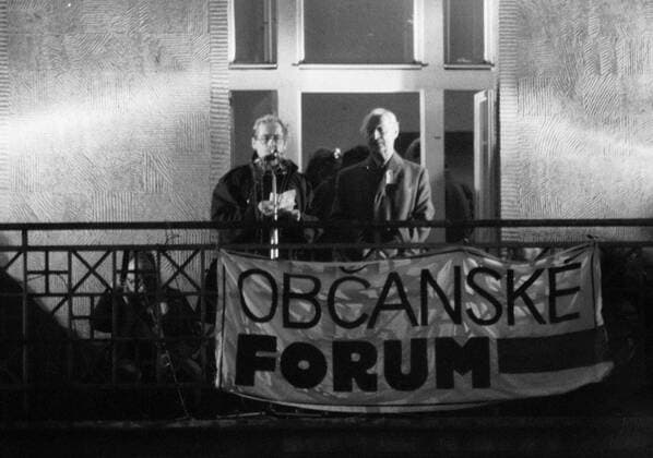 Prague, Velvet Revolution - November 24, 1989, Alexander Dubcek, the main creator of Prague Spring in 1968 which was crushed by the Red Army and other Warsau Pact forces invasion on August 21 1968, with Vaclav Havel speak to crowd from the balcony of the Melantrich Building in Prague, Czechoslovakia on Nov. 24, 1989. 