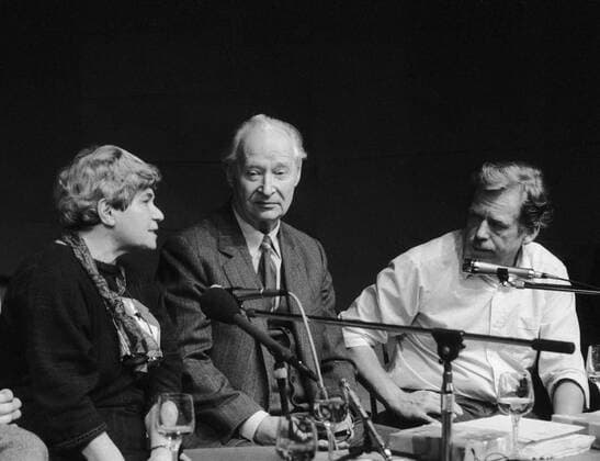 Prague, Velvet Revolution, November 1989. From right to left, Vaclav Havel, Alexander Dubcek - popular politician who initiated Prague Spring in 1968 and Rita Klimova - who was just about to become Czechoslovak Ambassador to the United States gather together during speech at a press conference in Prague November 24th 1989. 