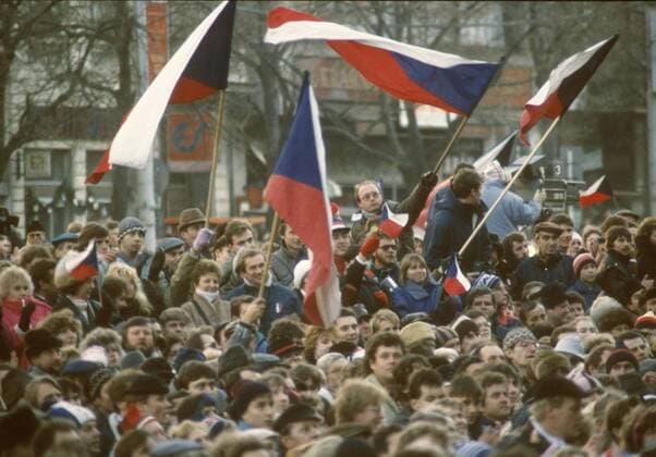 Prague, Velvet Revolution, December 10th 1989. Participants waving Czech flags at Wenceslas Square during the celebration of the Day of Human Rights. 