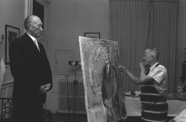 Oskar KOKOSCHKA (r.), Österreich, Maler, Dichter, Grafiker, malt Konrad ADENAUER, Deutschland, Politiker, Alt-Bundeskanzler, CDU