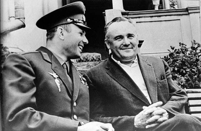 World Cosmonautics Day is observed on April 12 to mark the first manned piloted flight into space made by Yuri Gagarin on board the Vostok spaceship on Apr. 12, 1961. File pic. of Yuri Gagarin reporting on successful fulfilment of the flight at Vnukovo airport on Apr.14, 1961. OPS: file pic of Yuri Gagarin and rocket designer Sergei Korolyev  TASS40098
