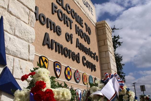 The main gate at the Fort Hood Army Base is seen on South Fort Hood Street in Killeen, Texas on November 7, 2009. Maj. Nidal Malik Hasan is charged with the deaths of 13 and 29 others wounded after a shooting spree at the Fort Hood army base on November 5.  DFW2009110705
