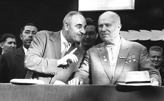 Romania, 1962. Nikita Khrushchev (R) and First Secretary of the Workers Party of Romania Gheorghe Gheorghiu-Dej meet with miners of Lupeni City.  TASS_264106