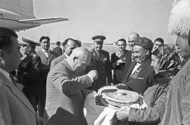 Turkmen SSR. First Secretary of the Central Committee of the Soviet Communist Party Nikita Khrushchev (front L) is met in the airport.  TASS_293316