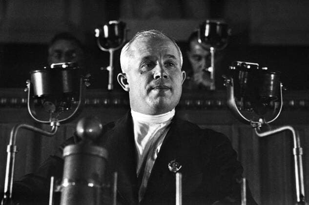 Moscow, 1936. Nikita Khrushchev speaks at the VIII Extraordinary Congress of Soviets. Reproduction.  TASS_263963