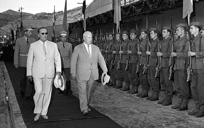 Yugoslavia, Dubrovnik. Nikita Khrushchev (R) and Josip Broz Tito review the guard of honour.  TASS_264221