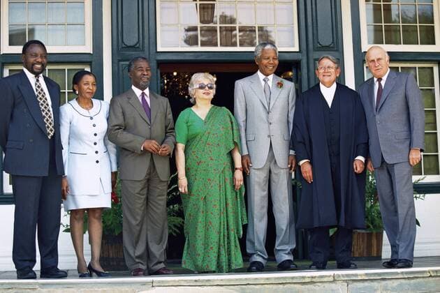 1996. South Africa, Western Cape, Cape Town. L-R: Cyril Ramaphosa, Zanele Mbeki, Thabo Mbeki, Frene Ginwala, Nelson Mandela and FW De Klerk at the opening of Parliament. Gallo000051646