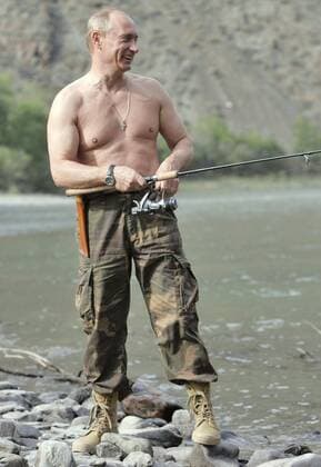 ITAR-TASS 27: TUVA REPUBLIC, RUSSIA. AUGUST 13. Russian President Vladimir Putin fishing with a spinning rod on the Khemchik River.  sexy Highlight TASS_501767
