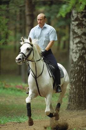 Towards Vladimir Putin s jubilee TAS 09..MOSCOW,RUSSIA. OCTOBER 5. Russian President Vladimir Putin will celebrate his 50th anniversary on October 7,2002. Picture shows Vladimir Putin horse-riding in his residence in Novo-Ogaryovo on July 26,2002.  TASS_224621