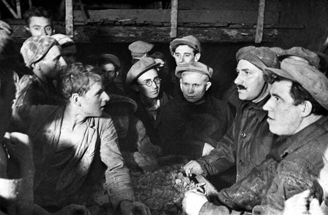 Nikita Khrushchev (R, third) and Lazar Kaganovich (R, second) among Moscow Metro builders, 1935.  TASS_264046