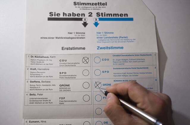 Hand mit Kugelschreiber beim ausfüllen, ankreuzen eines Stimmzettels, Erststimme CDU, Zweitstimme Grüne, für die Landtagswahl in NRW am 09.05.2010,