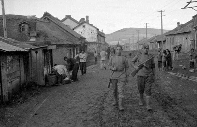 Soviet soldiers are pictured in patrol in Manchuria.  TASS_203218