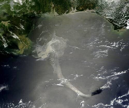 NASA s Terra satellite captured a visible satellite image of the Gulf oil spill on May 17, 2010 from the Moderate Resolution Imaging Spectroradiometer Instrument on-board. The oil slick appears as a dull gray on the water s surface and stretches south from the Mississippi Delta with what looks like a tail. From top left to top right are the states Louisiana, Mississippi, Alabama and Florida. Scientists are worried that the huge plumes of oil could get into a current that would take the oil around Florida.  WAX20100518101