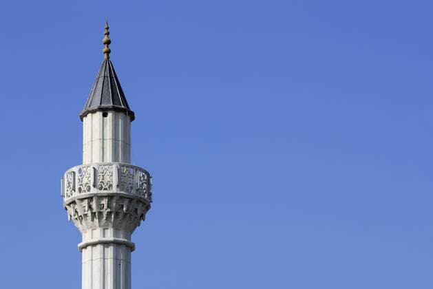 Minarett der Haci Bayram Moschee, Talhaus, Hockenheim, Baden-Württemberg, Deutschland, Europa iblcck01554315