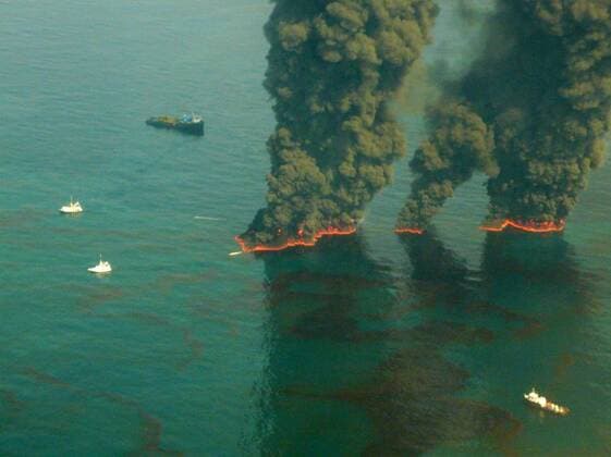 Crews conduct overflights of controlled burns taking place in the Gulf of Mexico on May 19, 2010. During controlled burns, oil from the Deepwater Horizon incident is burned in an effort to reduce the amount of oil in the water.  WAX20100520702