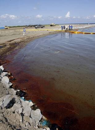 A pool of oil collects in a cove on Elmer s Island, Louisiana, May 21, 2010. Crude oil from the sunken Deepwater Horizon oil rig washed over the yellow boom intended to protect the beach from the massive spill.  NOP2010052110