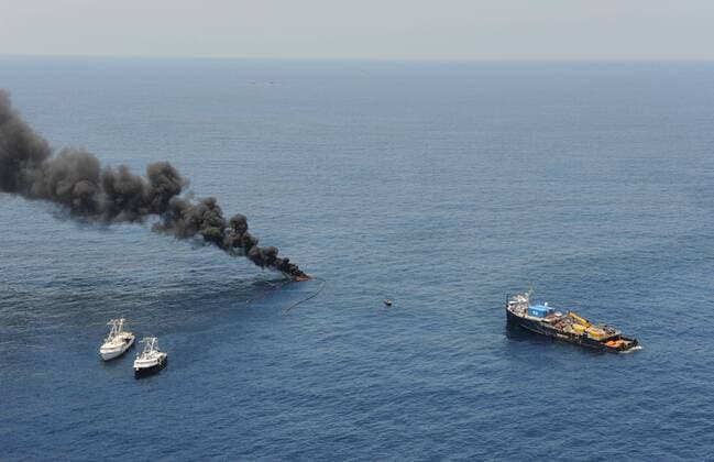 Controlled burns, surface skimming and flaring continue as part of the cleanup operation of BP s Deepwater Horizon oil spill in the Gulf of Mexico on May 23, 2010.  WAX20100525704