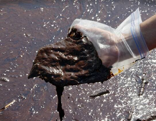 A volunteer scoops up crude oil from the surface of the water in Pass a Loutre near Venice, Louisiana, May 30, 2010. Oil continues to gush into the Gulf of Mexico from the sunken BP Deepwater Horizon rig, which was destroyed in a fatal explosion more than a month ago.  NOP2010053003