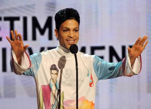 Prince acknowledges the audience as he accepts the Lifetime Achievement award at the 2010 BET Awards in Los Angeles on June 27, 2010.  LAP2010062702