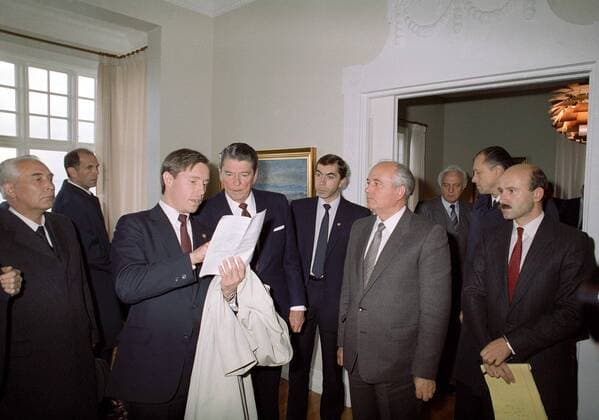 Reykjavik. General Secretary of the Central Committee of the CPSU Mikhail Gorbachev (Front 2nd R) meets with US President Ronald Reagan (Front 3rd L). 