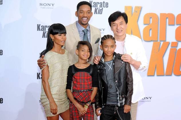 Jada Pinkett Smith (L), Will Smith, Willow Smith, Jaden Smith (2R) und Jackie Chan bei der Deutschland Kino Premiere von - Karate Kid - in Berlin am 19.07.2010 