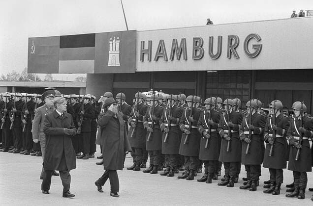 Hamburg. General Secretary of the Central Committee of the CPSU Leonid Brezhnev (R) salutes as he is seen off in the airport by German Chancellor Helmut Schmidt (L)  174404