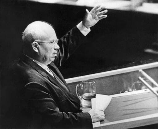 NEW YORK, USA. First Secretary of the Communist Party of the Soviet Union, Nikita Khrushchev addresses the audience at the 15th session of the United Nations General Assembly .  187088