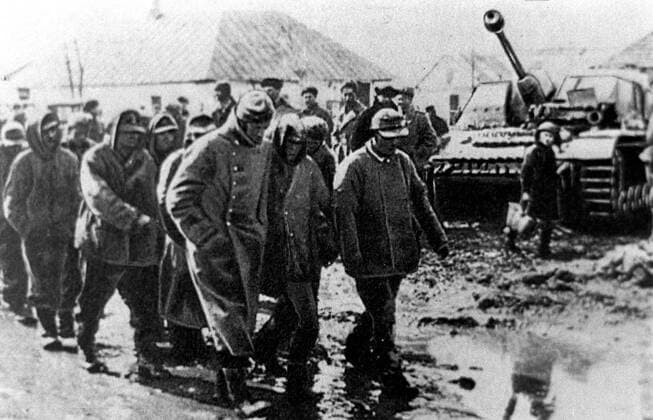 Soviet Armed Forces liberated the city of Kursk (Central Russia) from German nazi invaders.A file picture shows a group of German POW after the battle. 1943  190220