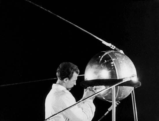 A still from a documentary film shows the Soviet satellite Sputnik, the first man-made object to orbit the Earth that was launched in October, 1957.  202140