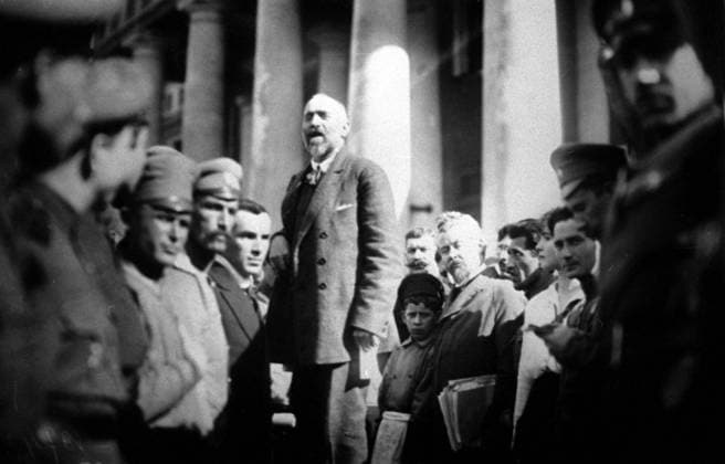 PETROGRAD, RUSSIA. Chairman of the Petrograd Soviet Nikolai Chkheidze makes a speech outside the Tavrichesky Palace during the February Revolution of 1917 in Russia.  270115
