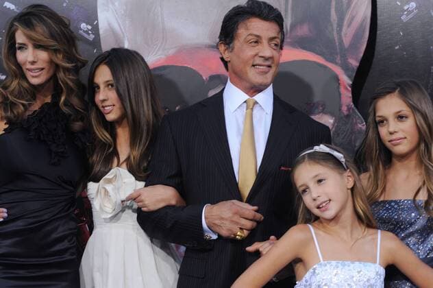 Cast member Sylvester Stallone attends the premiere of the motion picture thriller The Expendables with his wife Jennifer Flavin (L) and their daughters Sophia Rose (2nd-L), Scarlet Rose (4th-L) and Sistine Rose (R) at Grauman s Chinese Theatre in the Hollywood section of Los Angeles on August 3, 2010.  LAP2010080368