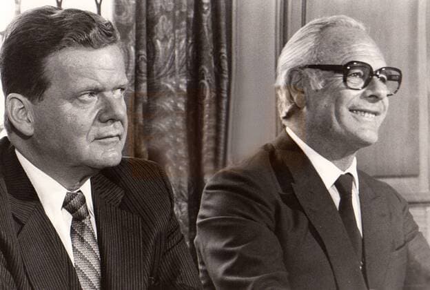 Eberhard von Brauchitsch (links, Kandidat Präsidentenamt BDI) mit amtierendem BDI-Präsident Rolf RODENSTOCK (März 1984)