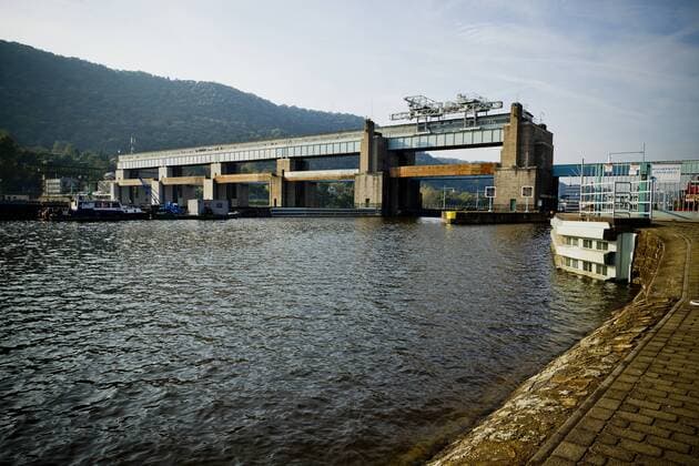 Strekov locks (Masaryk locks, floodgates) on the Labe river in Usti nad Labem, Czech Republic. This floodgate was constructed between 1923 and 1935. it is last but one man made dam on river Labe before entering the North sea. Water Power Plant which is part of the floodgate.  CTKPhoto5201010220281501