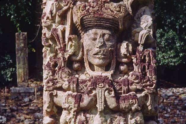 STELA B (AD 721), MAYAN stone carving, depicting the accession of 18 Rabbit, a Mayan ruler - COPAN RUINS, HONDURAS - McPLOV