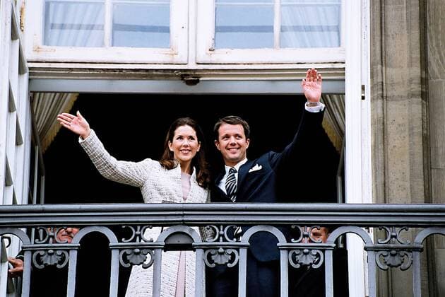 DENMARK COPENHAGEN .Thirty five years old crown prince Frederik of Denmark announce his engagement to Mary Elisabeth Donaldson the couple appreaded on the balcony of Amalienborg Palace before crows of danish well wishers Mary Elisbeth is first australian to become to european royal family member,Prince Henrik and H.M.the Queen Margrethe join the happy couple at balcony on 8 October 2003 