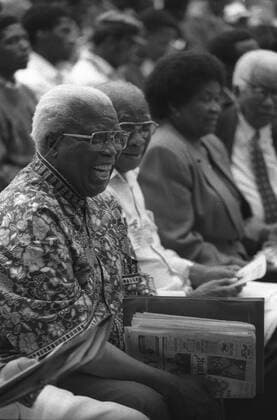 Robben Island CAPE TOWN, SOUTH AFRICA - 10-12 February 1995: Raymond Mhlaba laughs at the Robben Island Reunion Conference. Next to him are Comrades Govan Mbeki, Albertina Sisulu and Walter Sisulu. Peninsula Technikon. . Gallo0005821
