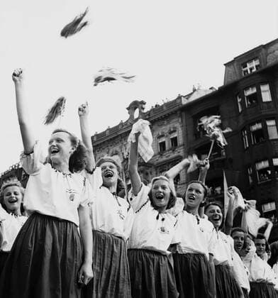 Czechoslovakia 1938, women tossing their hats celebrate arrival to Prague where thay will perform at Strahov Stadium  CTKPhoto200908280056101
