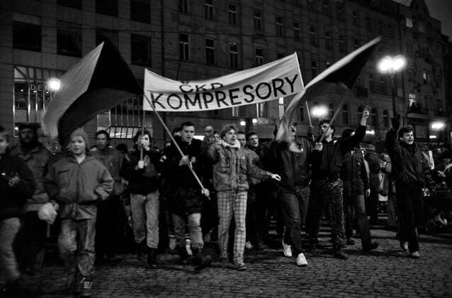 A brutal police action against peaceful march of students in Prague on November 17, 1989, sparked the Velvet Revolution, a series of demonstrations that toppled the authoritarian Communist regime in Czechoslovakia. Employees of CKD engineering works during a demonstration in Prague in November 1989. CTK Photo Jaromir Cejka  CTKPhoto200910301223401