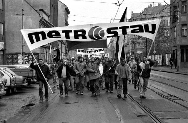 A brutal police action against peaceful march of students in Prague on November 17, 1989, sparked the Velvet Revolution, a series of demonstrations that toppled the authoritarian Communist regime in Czechoslovakia. Employees of Metrostav building company march in Prague during the November 1989 Velvet Revolution. CTK Photo Jaromir Cejka  CTKPhoto200910301224101