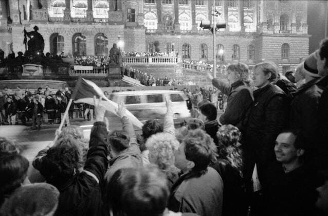 A brutal police action against peaceful march of students in Prague on November 17, 1989, sparked the Velvet Revolution, a series of demonstrations that toppled the authoritarian Communist regime in Czechoslovakia. People flash victory signs during a demonstration in front of the National Museum in Wenceslas Square on November 21, 1989. CTK Photo Jaromir Cejka  CTKPhoto200910301214001