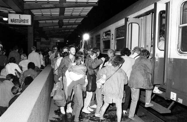 East Germans refugees from the West German Embassy in Prague get on a special train as they leave for West Germany in October 1989 following an agreement between the Federal Republic of Germany and the German Democratic Republic. Some 20,000 East Germans fled to West Germany via the embassy between August and November 1989. CTK Photo Michal Kalina  CTKPhoto00130899