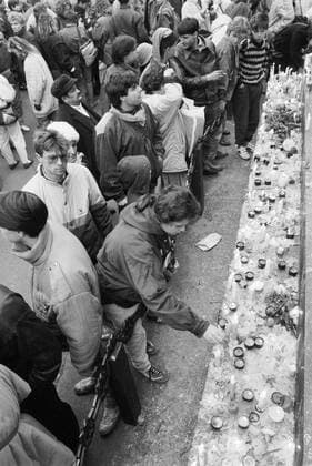 A brutal police action against peaceful march of students in Prague on November 17, 1989, sparked the Velvet Revolution, a series of demonstrations that toppled the authoritarian Communist regime in Czechoslovakia. People light candles at St. Wenceslas statue in Wenceslas Square in Prague. CTK Photo Karel Vlcek  CTKPhoto20160688