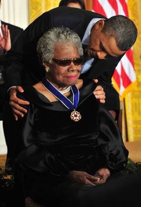 President Barack Obama awards the 2010 Presidential Medal of Freedom to poet Maya Angelou during a ceremony at the White House in Washington on February 15, 2011.  WAP20110215327