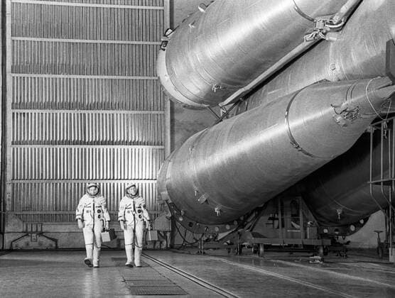 Kazakh SSR. International space crew of Soyuz 31 space vehicle: Soviet cosmonaut Valery Bykovsky (USSR) and German spaceman Sigmund JÃ¤hn (L-R) are pictured in a testing frame of the Baikonur Cosmodrome.  TASS_621321