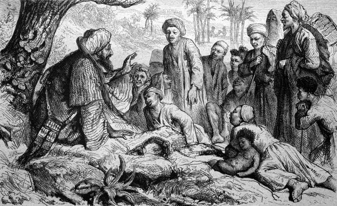 Ägyptischer Märchenerzähler, historische Illustration, circa 1886 iblsce01875182