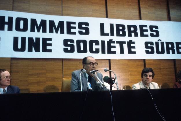 Francois Mitterrand (Mitte, Frankreich) während einer Wahlkampfveranstaltung