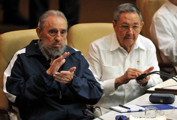 (110419) -- HAVANA, April 19, 2011 (Xinhua) -- Former Cuban leader Fidel Castro (L) and Cuban leader Raul Castro attend the closing ceremony of the sixth Congress of the Cuban Communist Party(CCP) in Havana, capital of Cuba, April 19, 2011. Raul Castro was elected as the first secretary of the CCP, according to the final report of the sixth Congress of the party, which ended here Tuesday. (Xinhua) (wjd) CUBA-HAVANA-CCP-SIXTH CONGRESS-END 